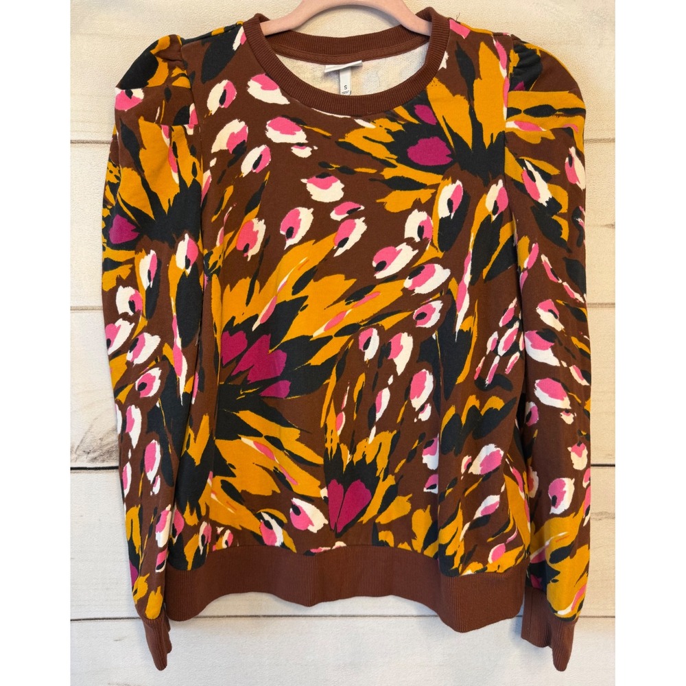 The Get Womens Puff Sleeve Sweatshirt Brown Abstract Floral Print Small